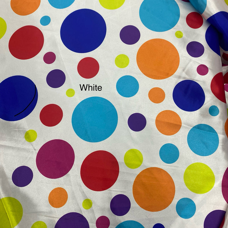 Multi Color Dots Polyester Satin Fabric - White Multi Color Dots, 58" Width (1 Yard)