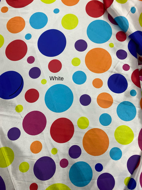 Multi Color Dots Polyester Satin Fabric - White Multi Color Dots, 58" Width (1 Yard)