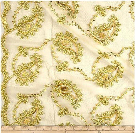 Coco Paisley Polyester Fabric - Sheer Embroidered Paisley, Double Scallop Lace, 52" Width (1 Yard)
