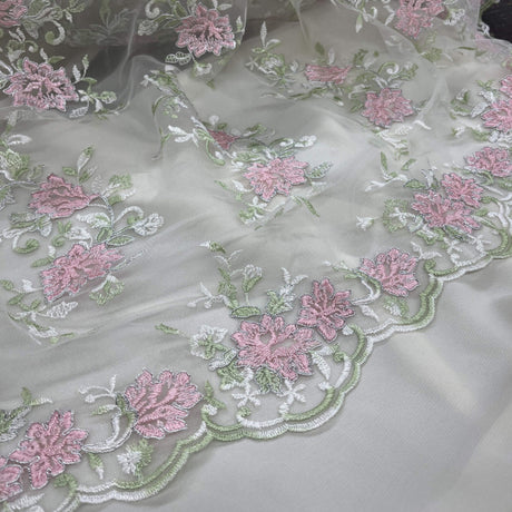 1 Yard - Corded Bridal Lace Fabric Embroidered on 100% Polyester Net Mesh Ivory with Silver - 53"