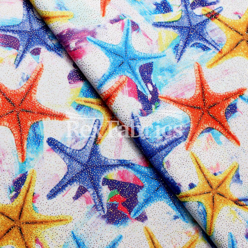 Coral Reef Polyester Spandex Fabric - Multi Star/Coral Print, 58/60" Width (1 Yard)