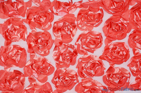 Rosette Satin Bordeaux Polyester Fabric - 3D Floral Satin Embroidered On A Mesh, Bordeaux, 52" Width (1 Yard)