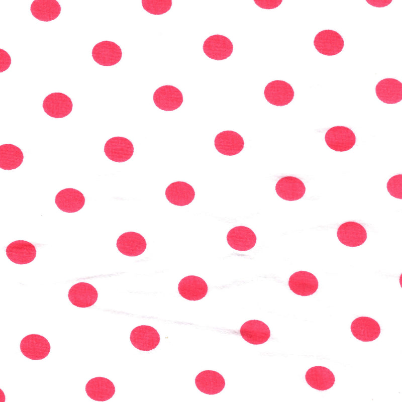 Cotton Lycra Knit Fabric - Coral Polka Dots on White