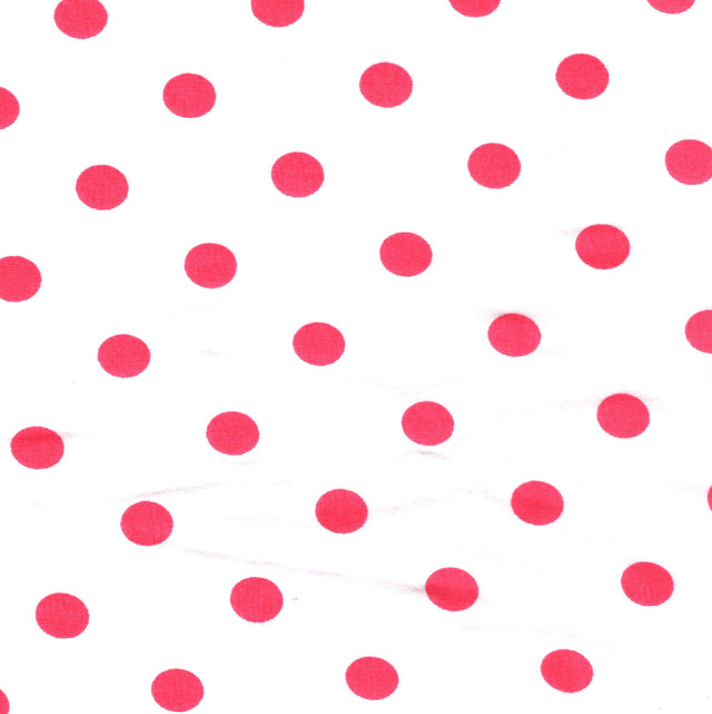Cotton Lycra Knit Fabric - Coral Polka Dots on White