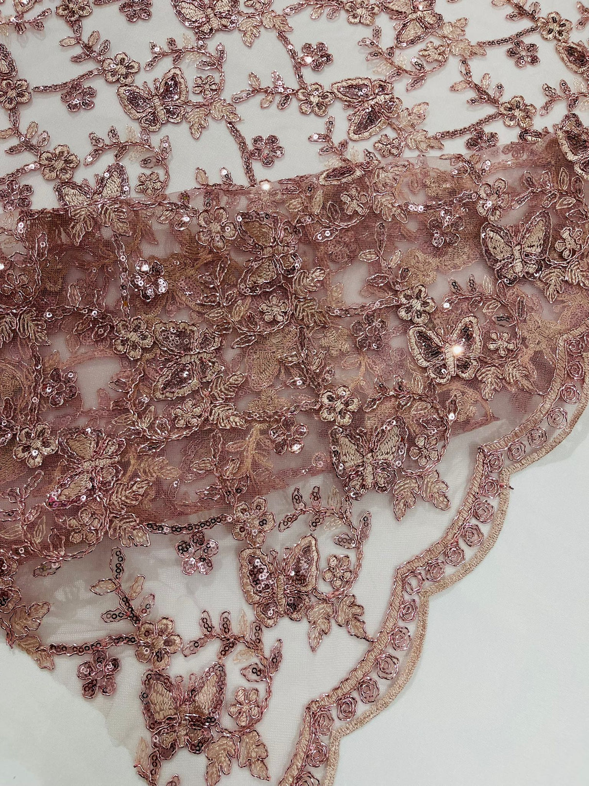Corded Lace Butterfly Design Polyester Fabric - Butterfly Embroidered Sequin Mesh Lace, 50-54" Width (1 Yard)