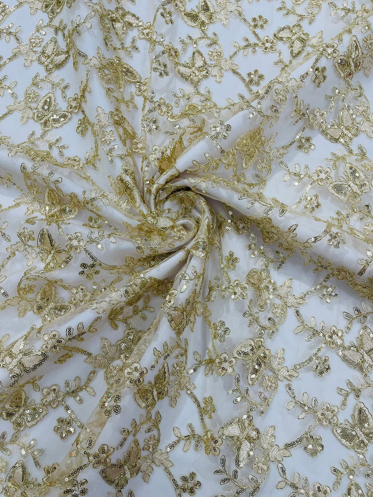 Corded Lace Butterfly Design Polyester Fabric - Butterfly Embroidered Sequin Mesh Lace, 50-54" Width (1 Yard)