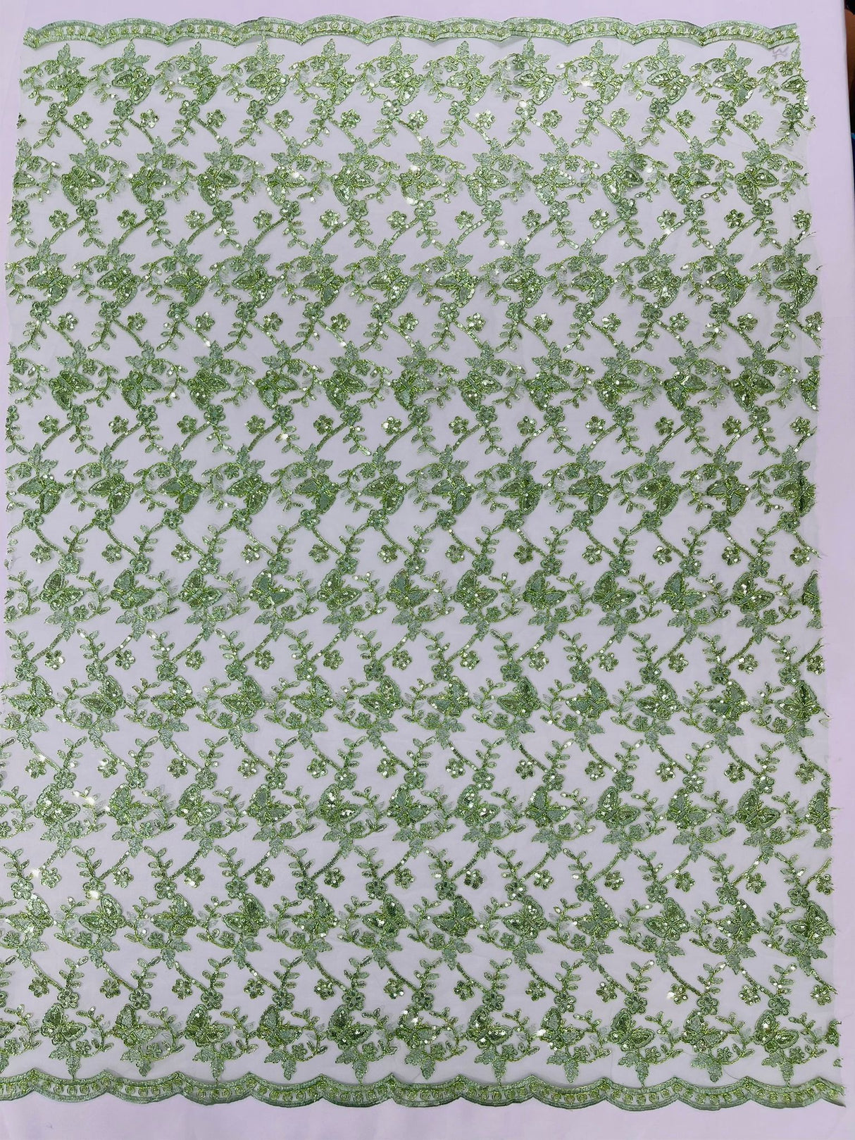 Corded Lace Butterfly Design Polyester Fabric - Butterfly Embroidered Sequin Mesh Lace, 50-54" Width (1 Yard)