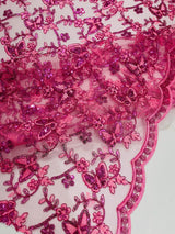 Corded Lace Butterfly Design Polyester Fabric - Butterfly Embroidered Sequin Mesh Lace, 50-54" Width (1 Yard)