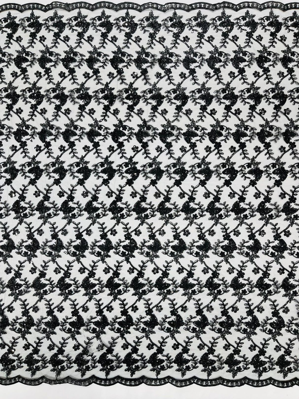 Corded Lace Butterfly Design Polyester Fabric - Butterfly Embroidered Sequin Mesh Lace, 50-54" Width (1 Yard)