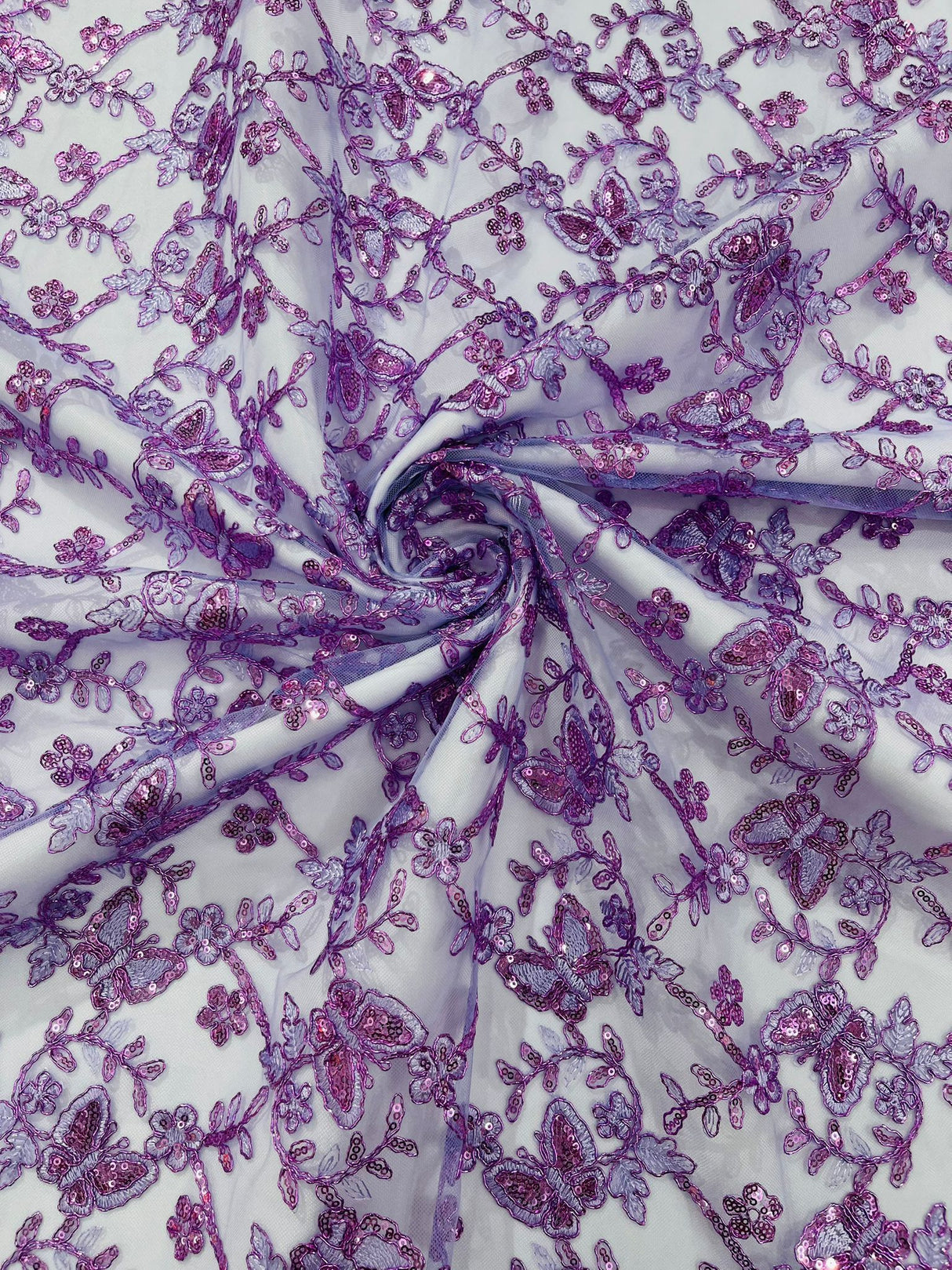 Corded Lace Butterfly Design Polyester Fabric - Butterfly Embroidered Sequin Mesh Lace, 50-54" Width (1 Yard)
