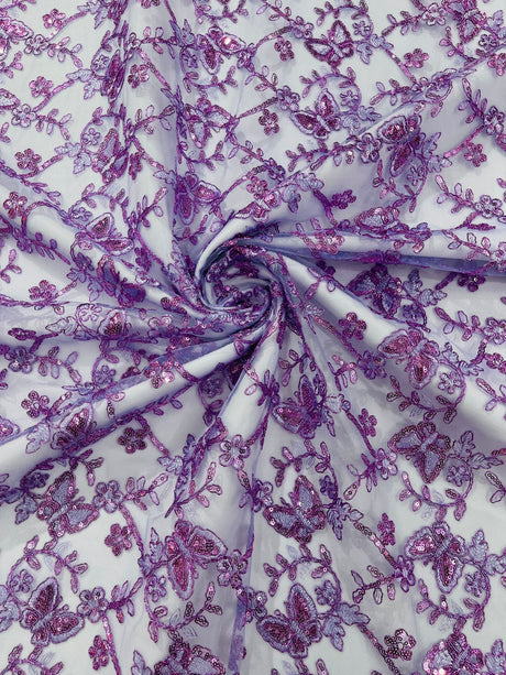 Corded Lace Butterfly Design Polyester Fabric - Butterfly Embroidered Sequin Mesh Lace, 50-54" Width (1 Yard)