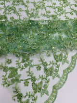 Corded Lace Butterfly Design Polyester Fabric - Butterfly Embroidered Sequin Mesh Lace, 50-54" Width (1 Yard)