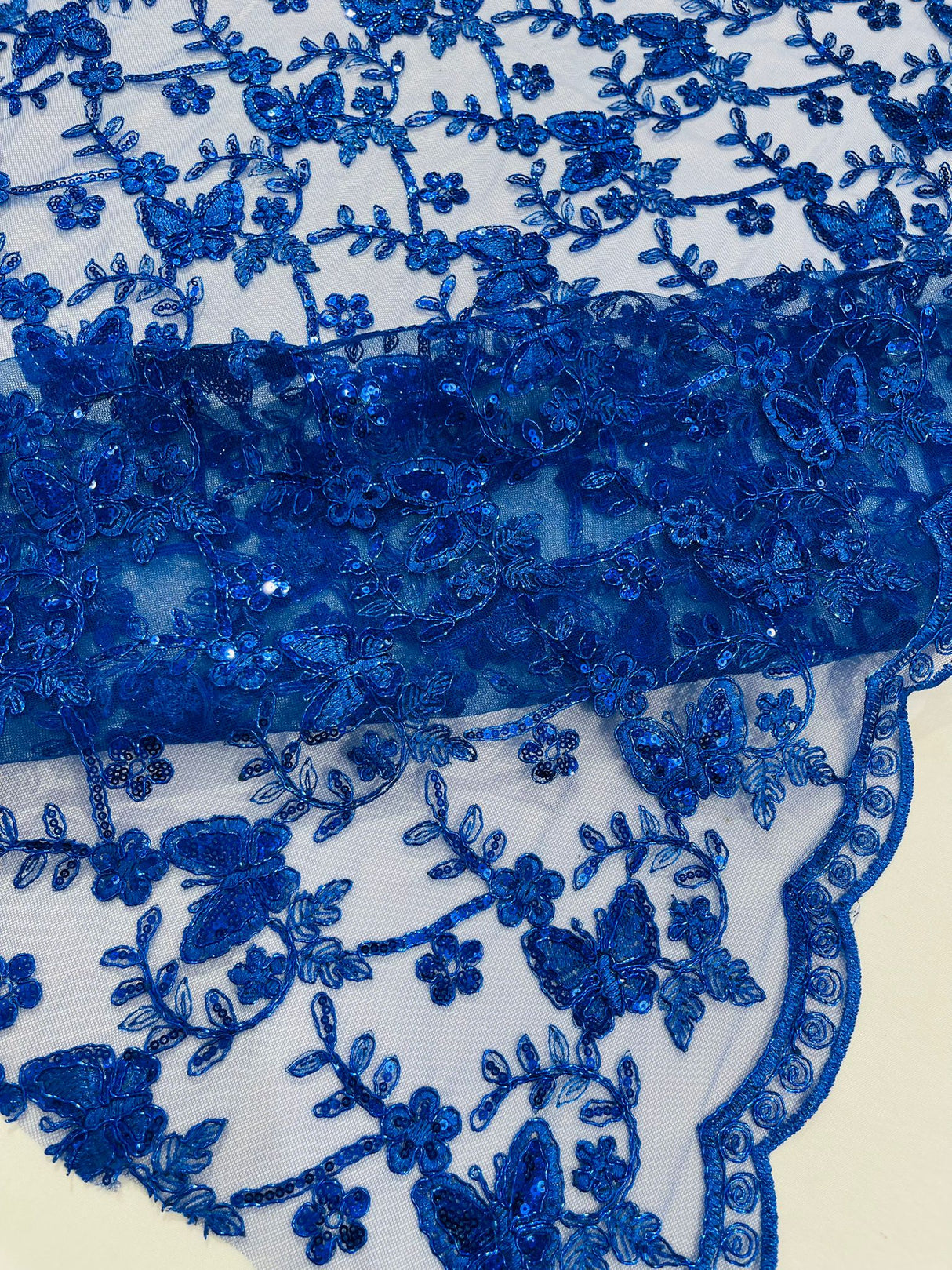 Corded Lace Butterfly Design Polyester Fabric - Butterfly Embroidered Sequin Mesh Lace, 50-54" Width (1 Yard)