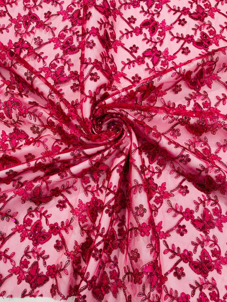 Corded Lace Butterfly Design Polyester Fabric - Butterfly Embroidered Sequin Mesh Lace, 50-54" Width (1 Yard)