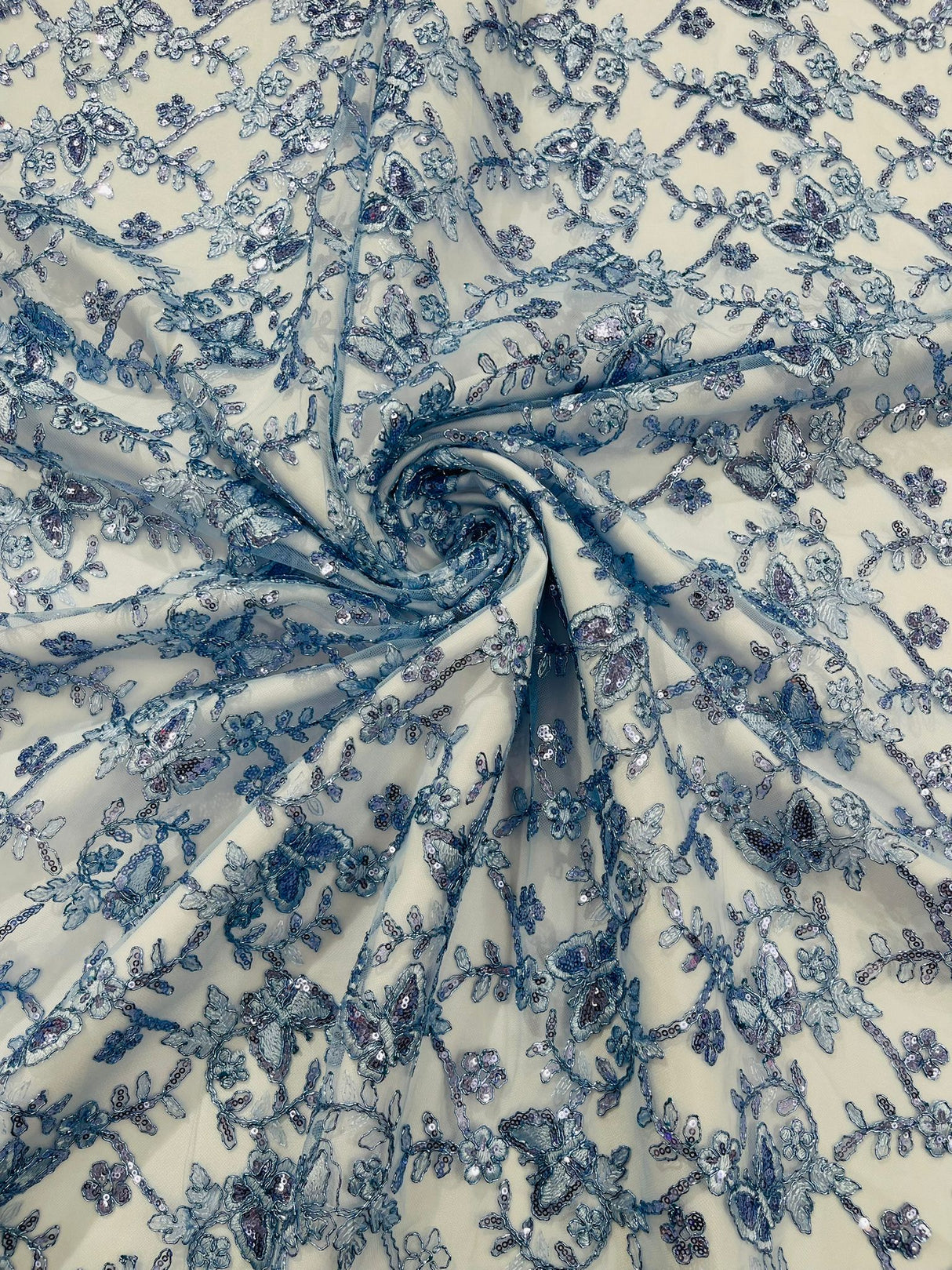 Corded Lace Butterfly Design Polyester Fabric - Butterfly Embroidered Sequin Mesh Lace, 50-54" Width (1 Yard)