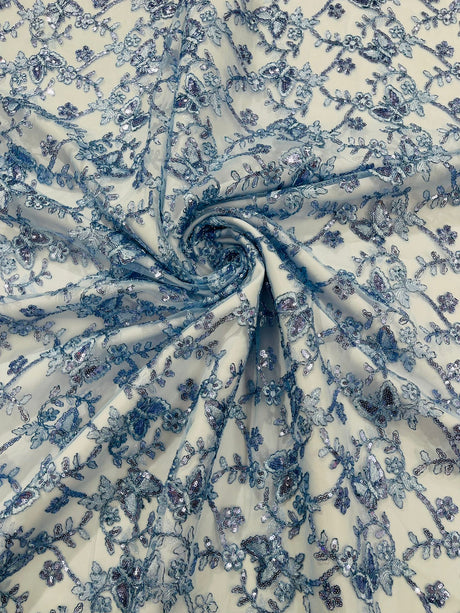 Corded Lace Butterfly Design Polyester Fabric - Butterfly Embroidered Sequin Mesh Lace, 50-54" Width (1 Yard)
