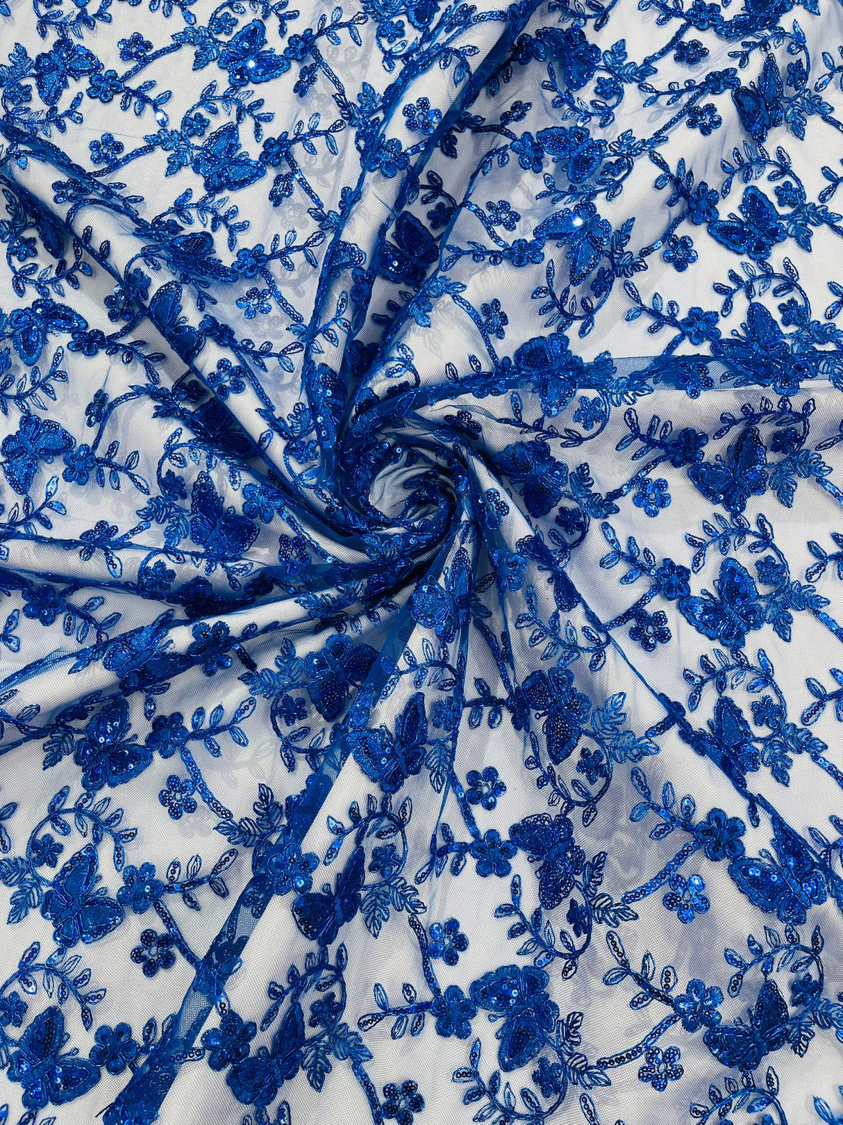 Corded Lace Butterfly Design Polyester Fabric - Butterfly Embroidered Sequin Mesh Lace, 50-54" Width (1 Yard)