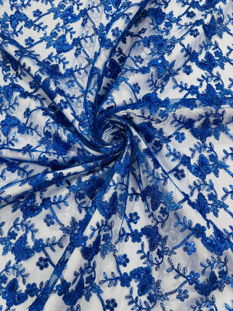 Corded Lace Butterfly Design Polyester Fabric - Butterfly Embroidered Sequin Mesh Lace, 50-54" Width (1 Yard)