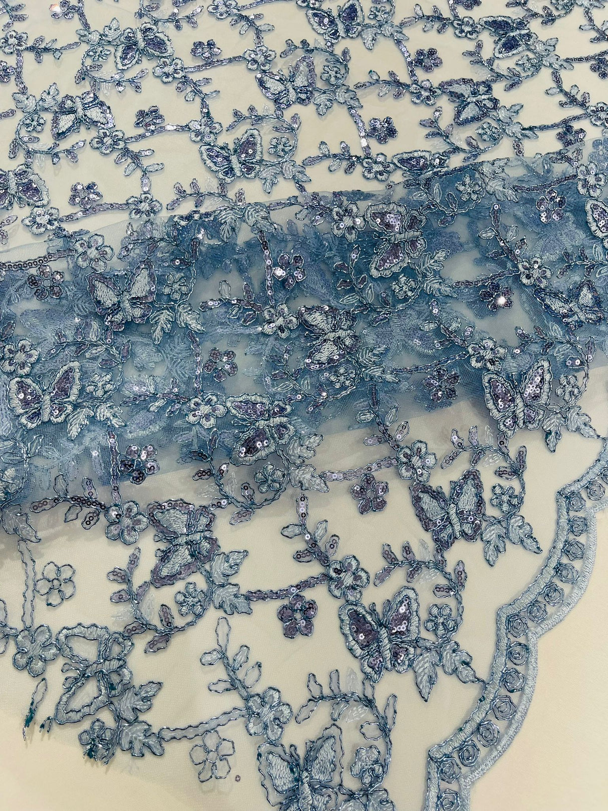 Corded Lace Butterfly Design Polyester Fabric - Butterfly Embroidered Sequin Mesh Lace, 50-54" Width (1 Yard)
