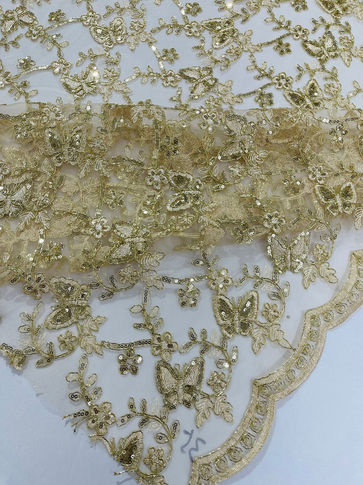 Corded Lace Butterfly Design Polyester Fabric - Butterfly Embroidered Sequin Mesh Lace, 50-54" Width (1 Yard)