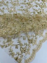 Corded Lace Butterfly Design Polyester Fabric - Butterfly Embroidered Sequin Mesh Lace, 50-54" Width (1 Yard)