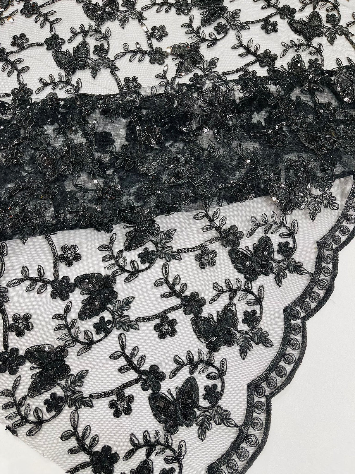 Corded Lace Butterfly Design Polyester Fabric - Butterfly Embroidered Sequin Mesh Lace, 50-54" Width (1 Yard)