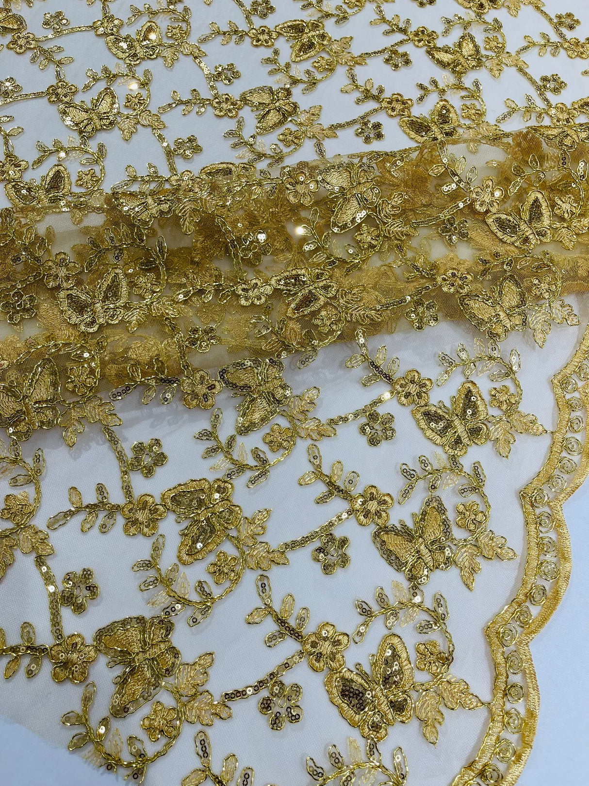 Corded Lace Butterfly Design Polyester Fabric - Butterfly Embroidered Sequin Mesh Lace, 50-54" Width (1 Yard)