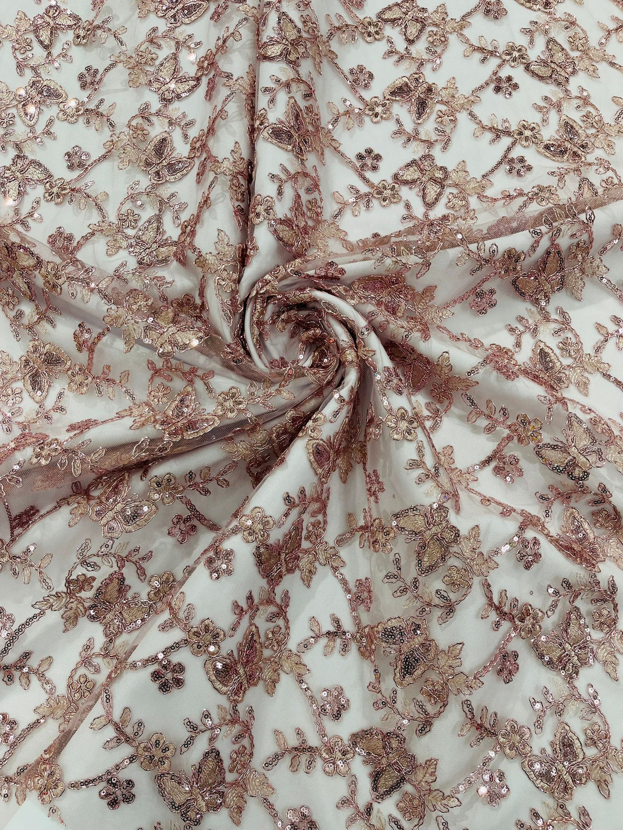 Corded Lace Butterfly Design Polyester Fabric - Butterfly Embroidered Sequin Mesh Lace, 50-54" Width (1 Yard)