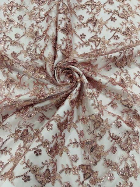 Corded Lace Butterfly Design Polyester Fabric - Butterfly Embroidered Sequin Mesh Lace, 50-54" Width (1 Yard)