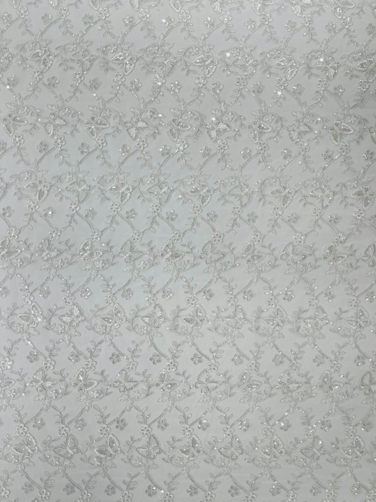 Corded Lace Butterfly Design Polyester Fabric - Butterfly Embroidered Sequin Mesh Lace, 50-54" Width (1 Yard)