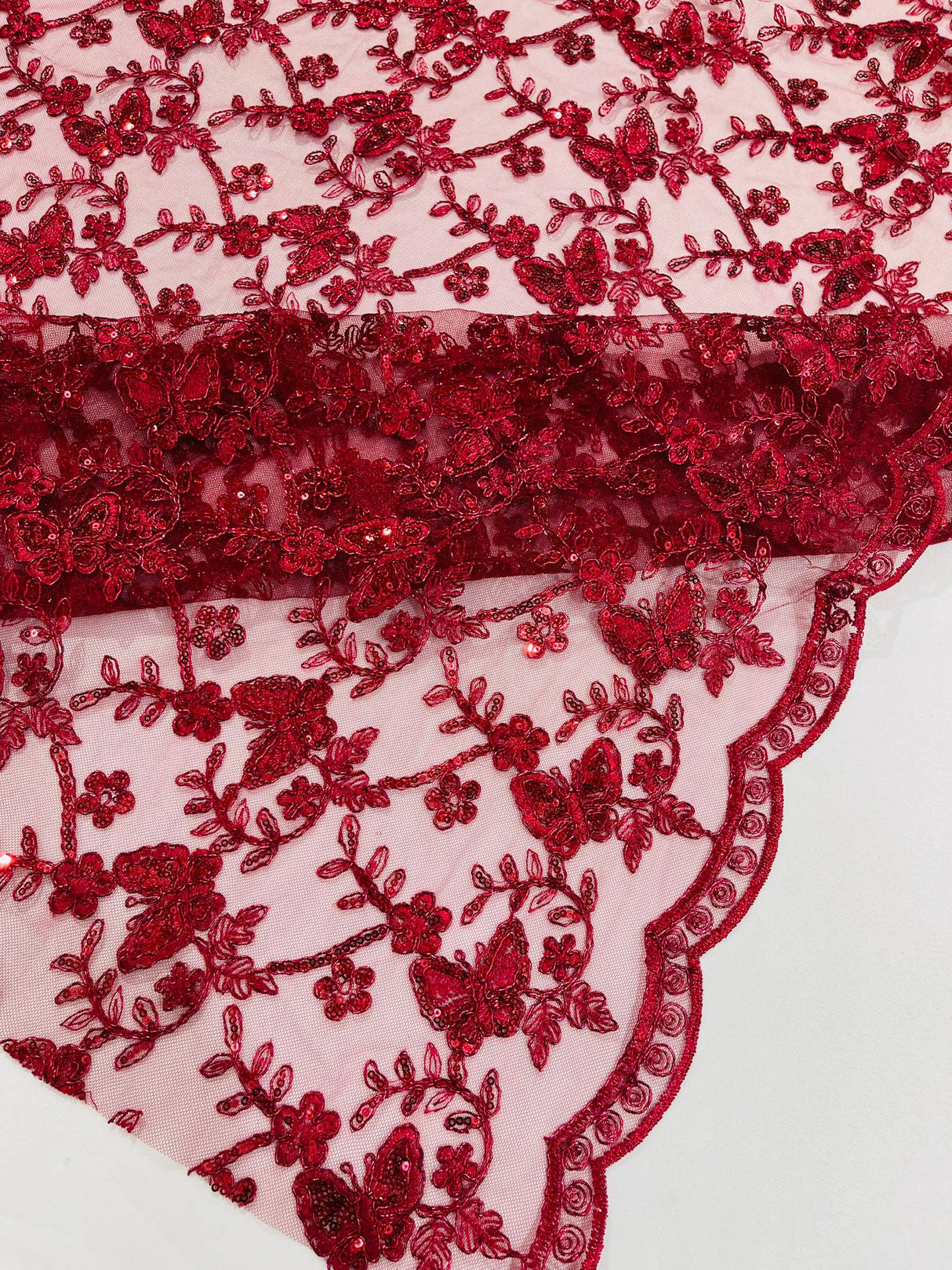Corded Lace Butterfly Design Polyester Fabric - Butterfly Embroidered Sequin Mesh Lace, 50-54" Width (1 Yard)