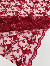 Corded Lace Butterfly Design Polyester Fabric - Butterfly Embroidered Sequin Mesh Lace, 50-54" Width (1 Yard)
