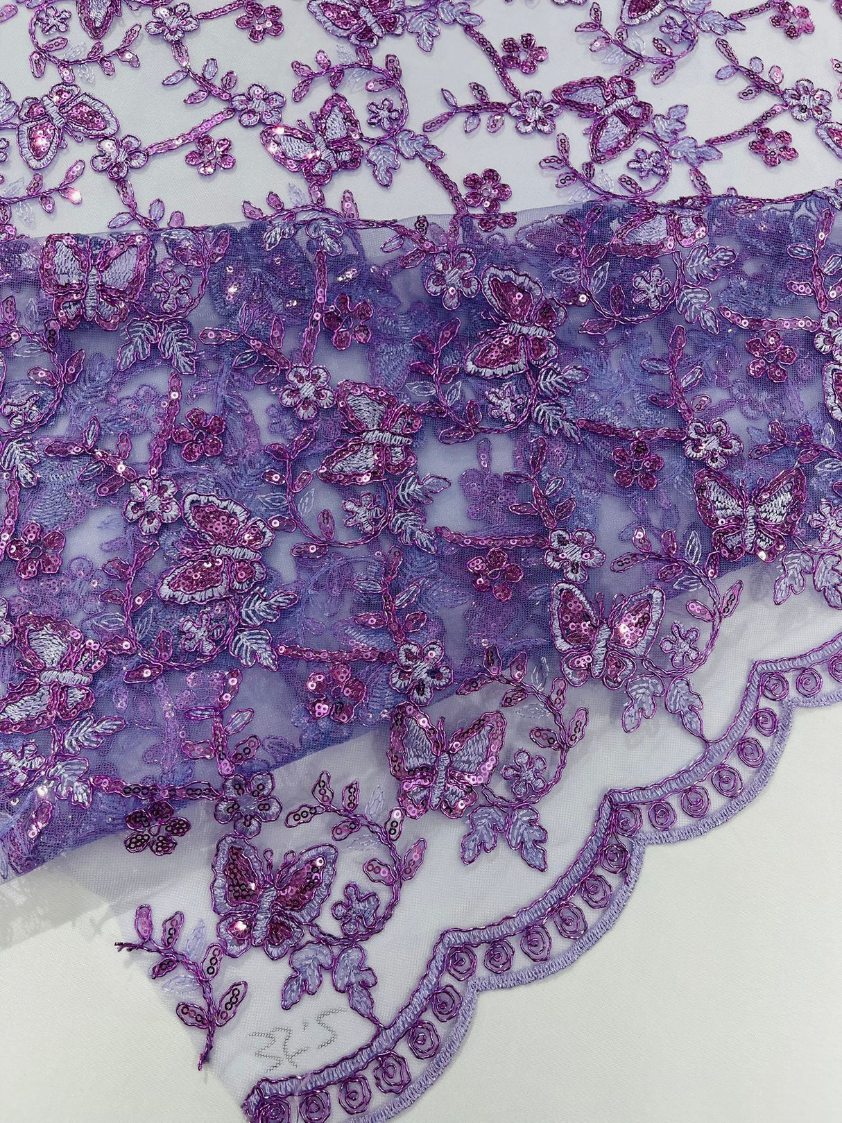 Corded Lace Butterfly Design Polyester Fabric - Butterfly Embroidered Sequin Mesh Lace, 50-54" Width (1 Yard)