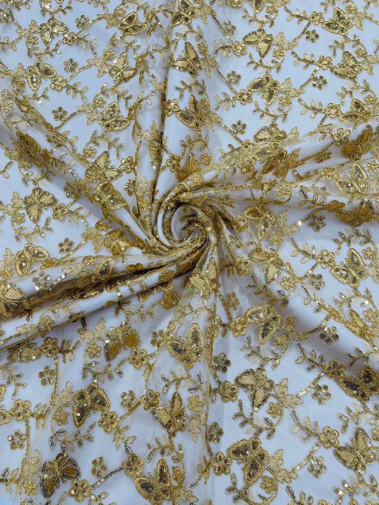 Corded Lace Butterfly Design Polyester Fabric - Butterfly Embroidered Sequin Mesh Lace, 50-54" Width (1 Yard)