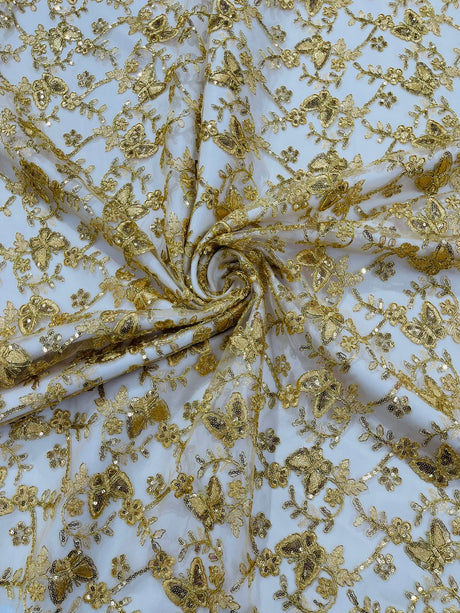 Corded Lace Butterfly Design Polyester Fabric - Butterfly Embroidered Sequin Mesh Lace, 50-54" Width (1 Yard)