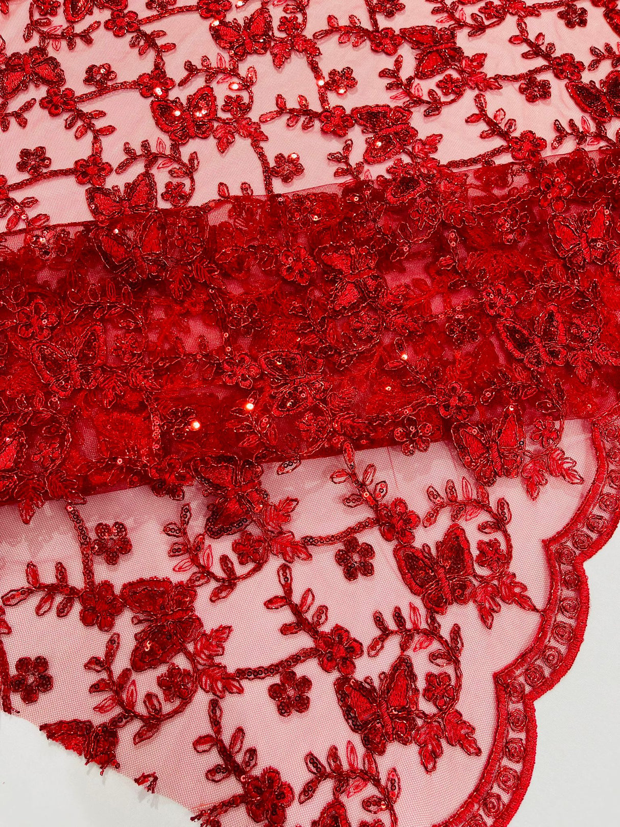 Corded Lace Butterfly Design Polyester Fabric - Butterfly Embroidered Sequin Mesh Lace, 50-54" Width (1 Yard)