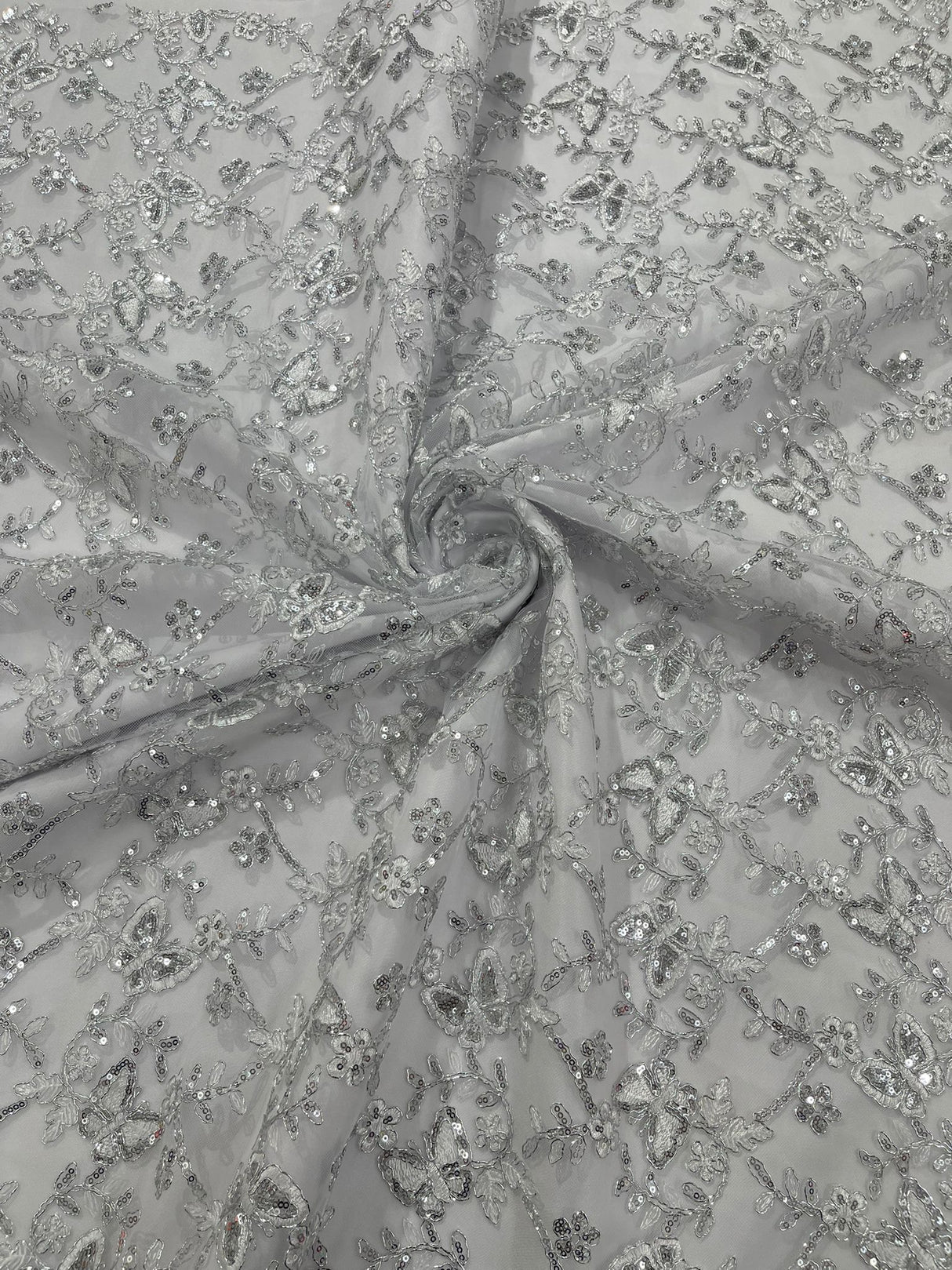Corded Lace Butterfly Design Polyester Fabric - Butterfly Embroidered Sequin Mesh Lace, 50-54" Width (1 Yard)