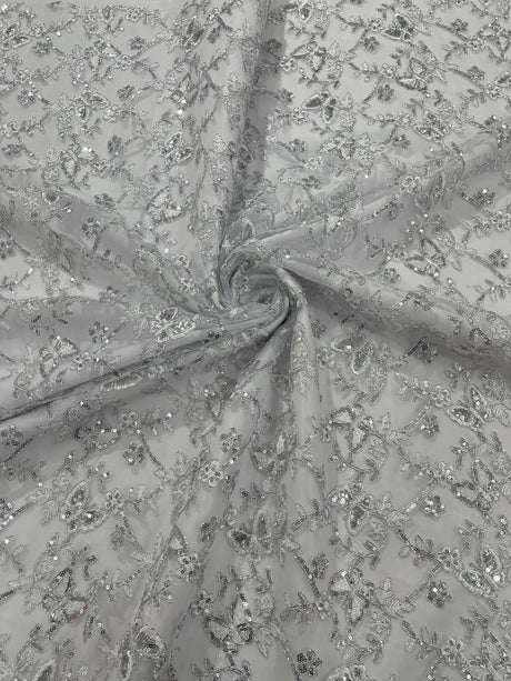 Corded Lace Butterfly Design Polyester Fabric - Butterfly Embroidered Sequin Mesh Lace, 50-54" Width (1 Yard)