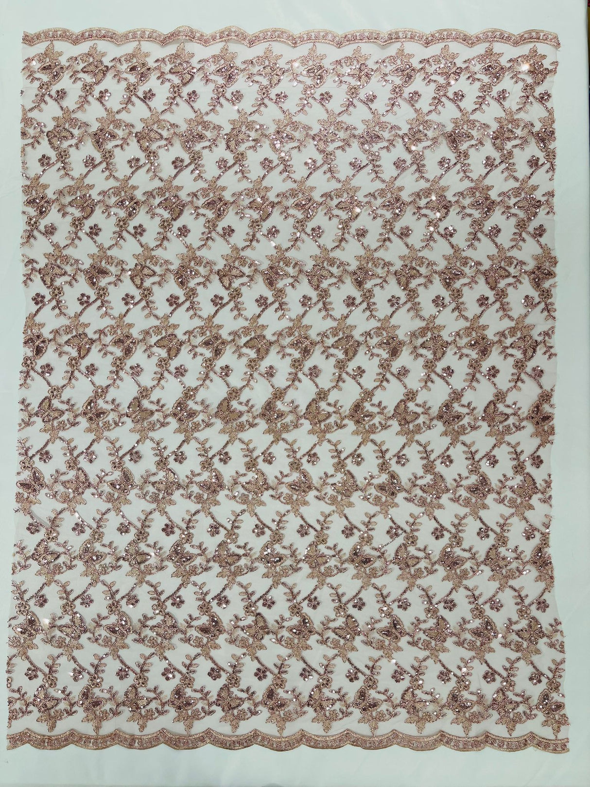 Corded Lace Butterfly Design Polyester Fabric - Butterfly Embroidered Sequin Mesh Lace, 50-54" Width (1 Yard)
