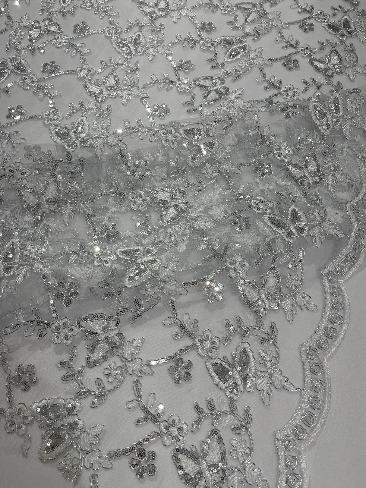 Corded Lace Butterfly Design Polyester Fabric - Butterfly Embroidered Sequin Mesh Lace, 50-54" Width (1 Yard)
