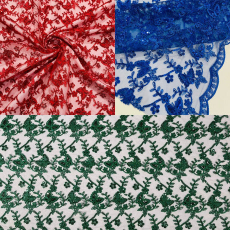 Corded Lace Butterfly Design Polyester Fabric - Butterfly Embroidered Sequin Mesh Lace, 50-54" Width (1 Yard)