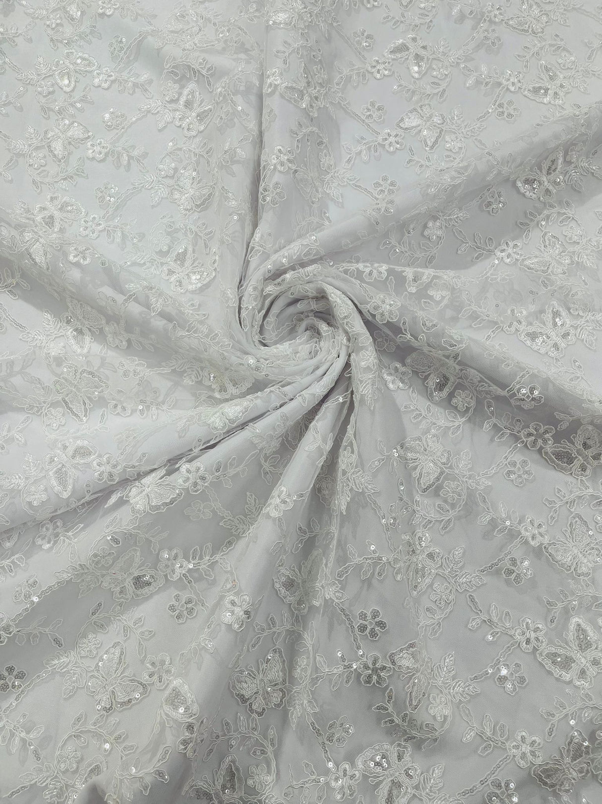 Corded Lace Butterfly Design Polyester Fabric - Butterfly Embroidered Sequin Mesh Lace, 50-54" Width (1 Yard)