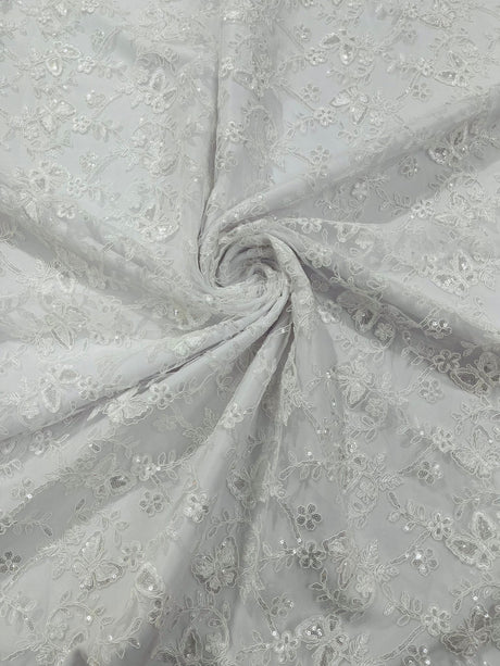 Corded Lace Butterfly Design Polyester Fabric - Butterfly Embroidered Sequin Mesh Lace, 50-54" Width (1 Yard)