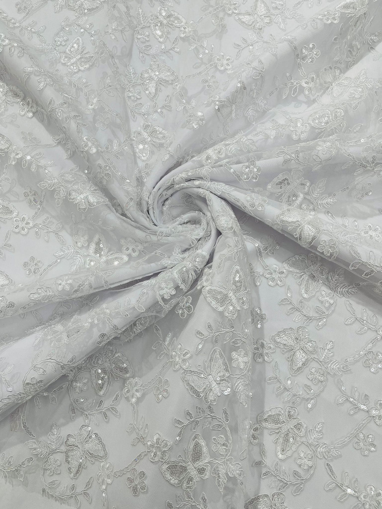Corded Lace Butterfly Design Polyester Fabric - Butterfly Embroidered Sequin Mesh Lace, 50-54" Width (1 Yard)