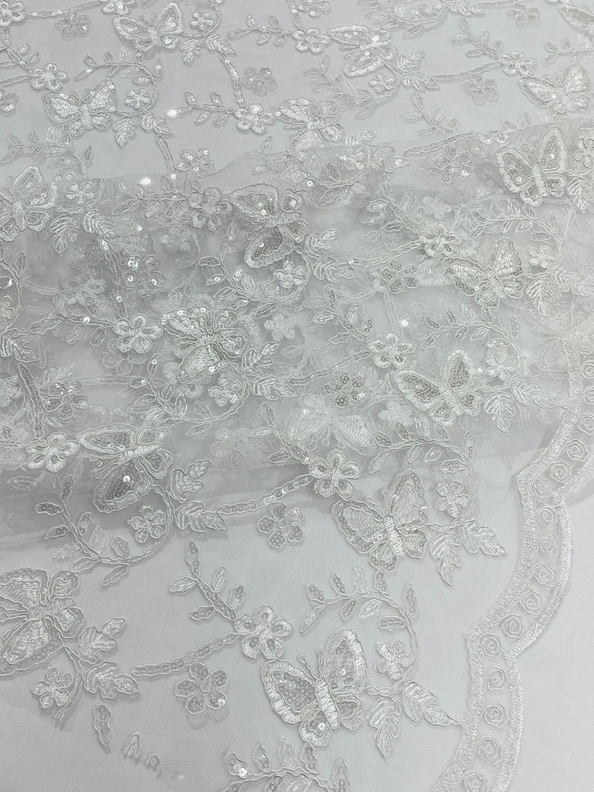 Corded Lace Butterfly Design Polyester Fabric - Butterfly Embroidered Sequin Mesh Lace, 50-54" Width (1 Yard)