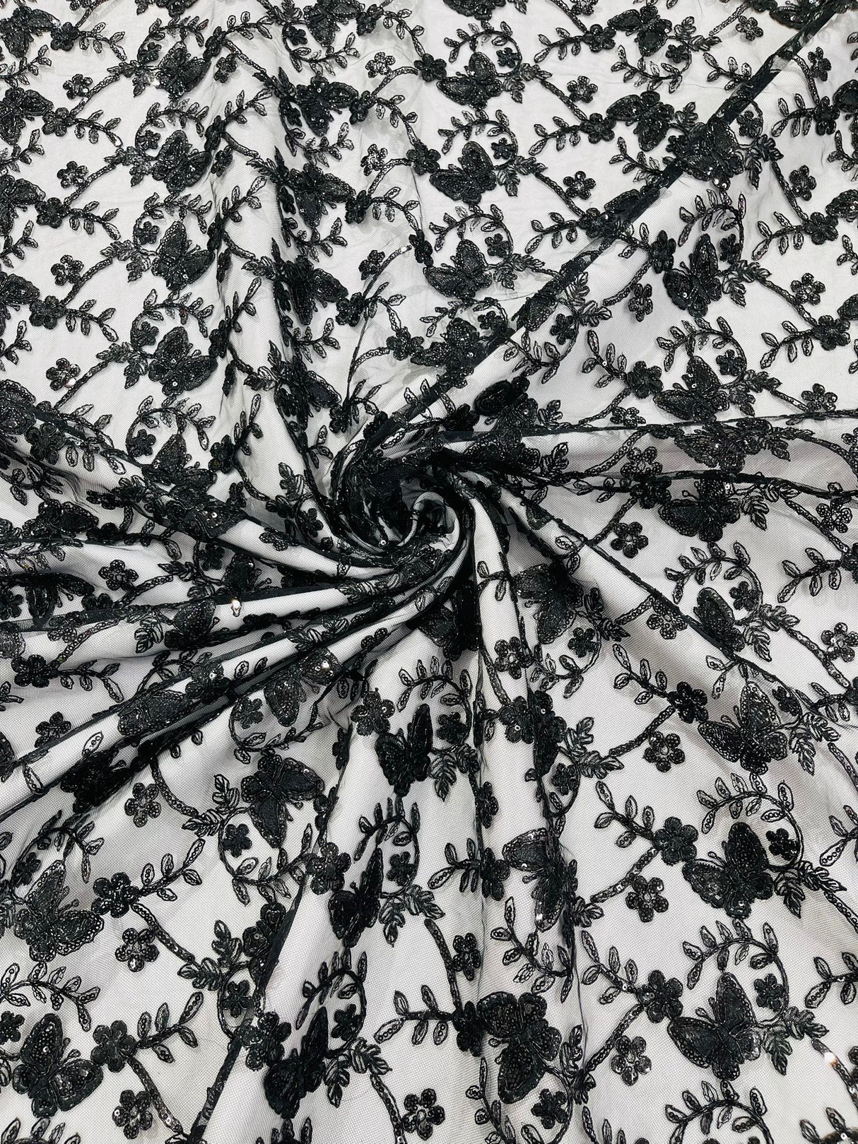 Corded Lace Butterfly Design Polyester Fabric - Butterfly Embroidered Sequin Mesh Lace, 50-54" Width (1 Yard)