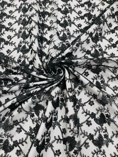 Corded Lace Butterfly Design Polyester Fabric - Butterfly Embroidered Sequin Mesh Lace, 50-54" Width (1 Yard)