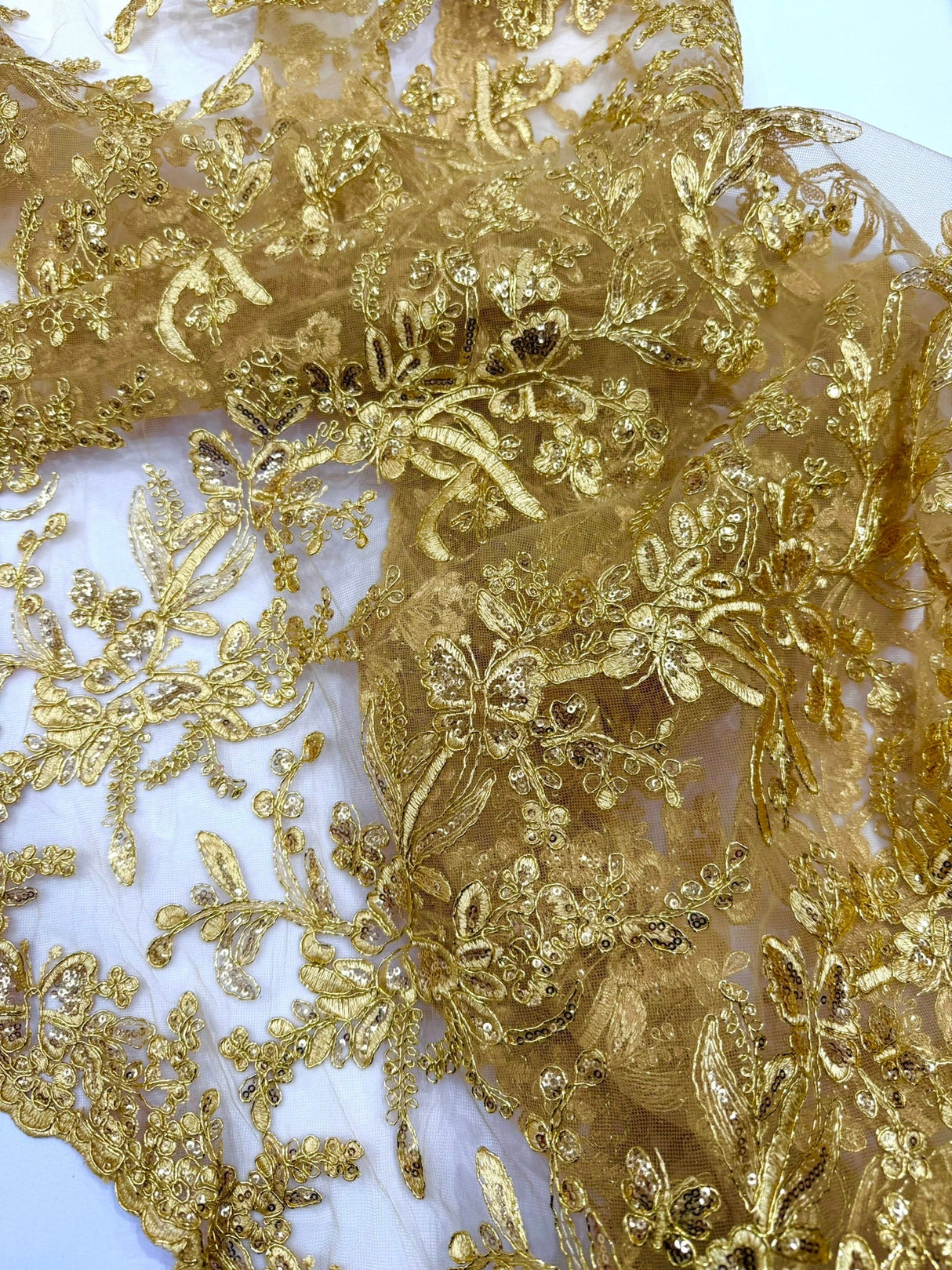 Butterfly Corded Lace Fabric - Butterfly Embroidery, Metallic Sequins, 54" Width (1 Yard)