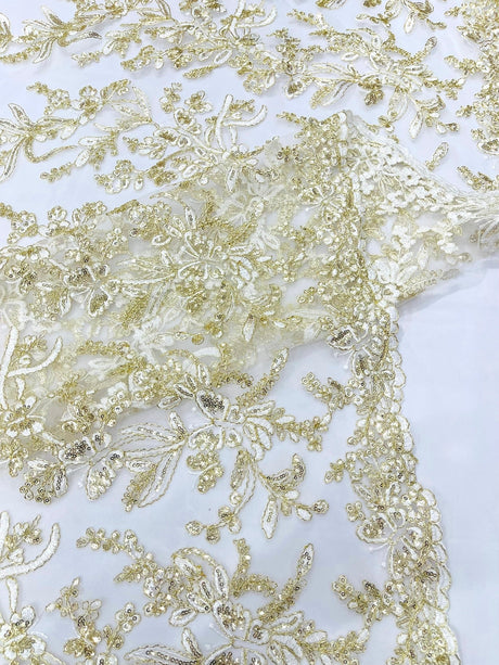 Butterfly Corded Lace Fabric - Butterfly Embroidery, Metallic Sequins, 54" Width (1 Yard)
