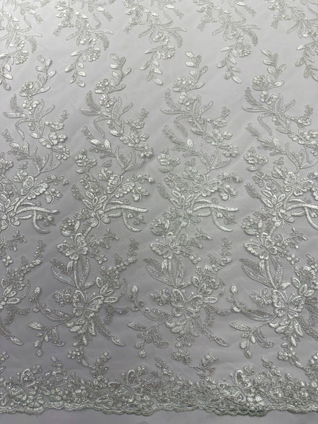 Butterfly Corded Lace Fabric - Butterfly Embroidery, Metallic Sequins, 54" Width (1 Yard)
